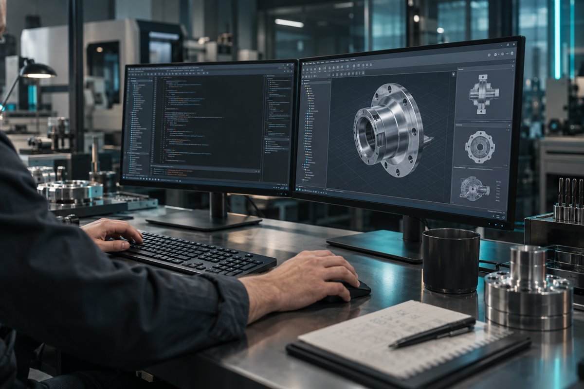 Escena conceptual de ingeniería con código y un modelo CAD en una estación de trabajo