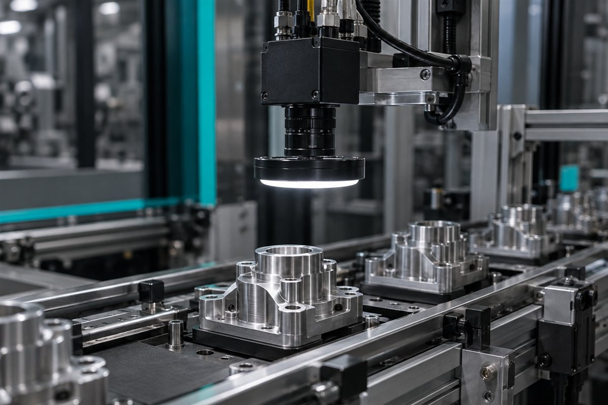Escena conceptual de una cámara industrial inspeccionando piezas mecanizadas en una línea de producción
